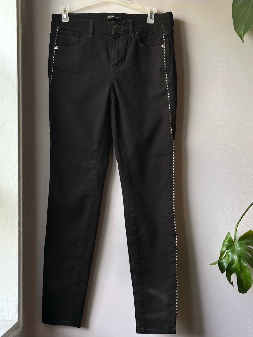 Massimo Dutti Black Rhinestone Beaded Tuxedo Stripe Skinny Jeans size 6